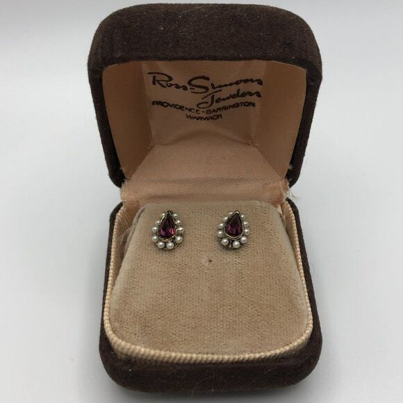 Vintage Pear Cut Amethyst Rhinestone Earrings w Seed Pearl Halo Original Box - Picture 3 of 5